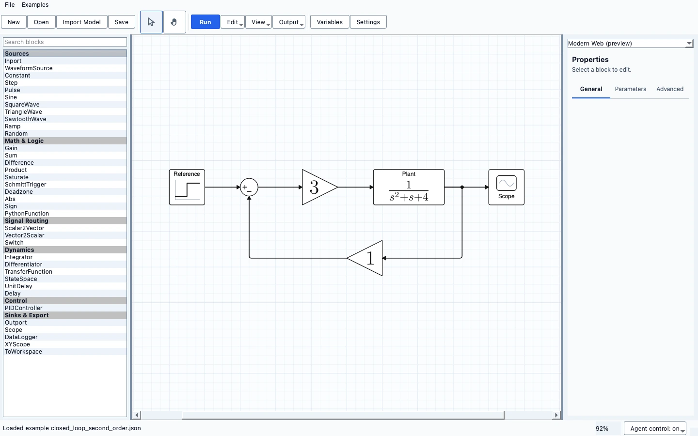 Actual METRLab Blocks editor displaying a closed-loop second-order system, connected blocks and its Properties sidebar.