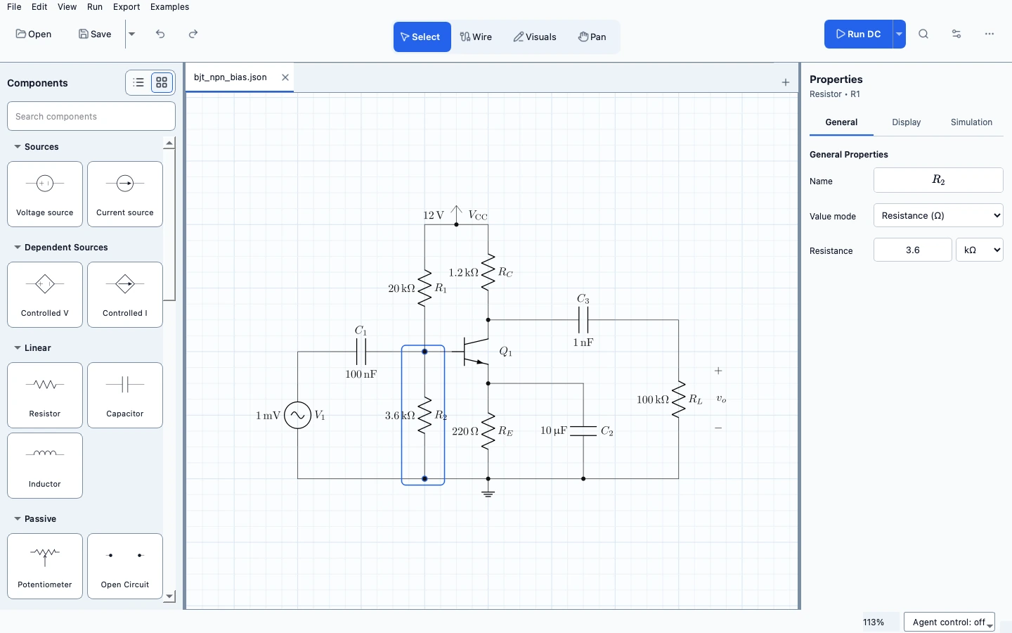 Actual METRLab Circuits editor showing a transistor amplifier, component palette and Properties sidebar.