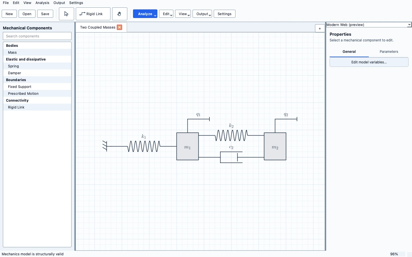 Actual METRLab Mechanics editor displaying a mass-spring system with its component palette and Properties sidebar.