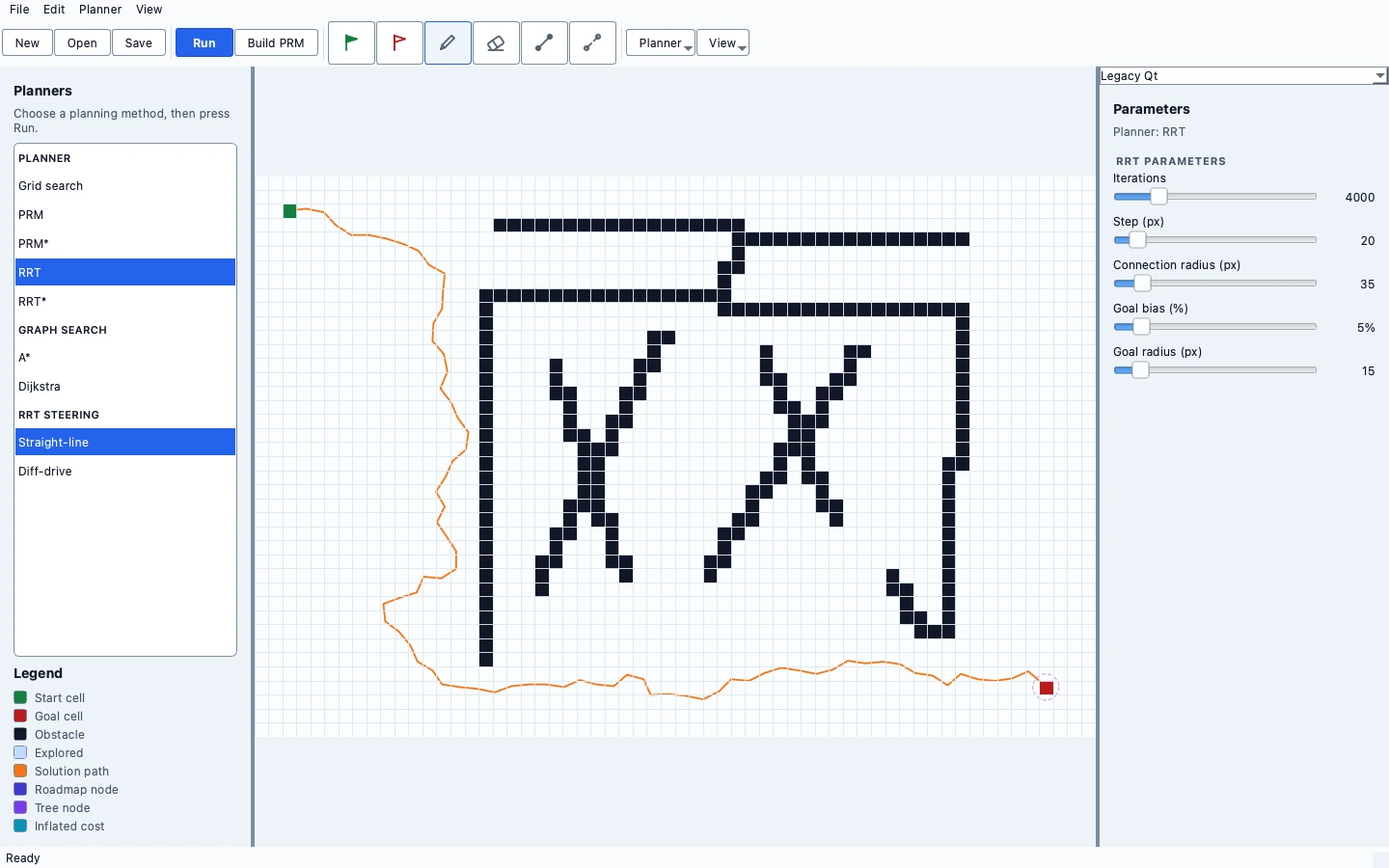 Actual METRLab Navigation workbench displaying an occupancy grid with editable planning controls.