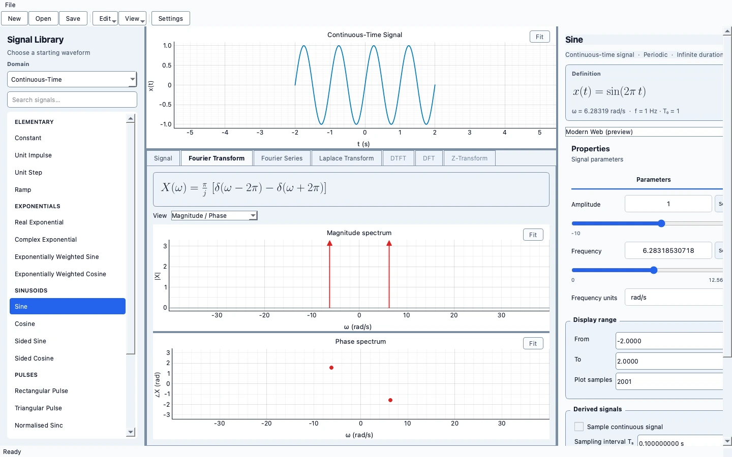 Actual METRLab Signal Explorer showing a sine signal and its transform workspace.